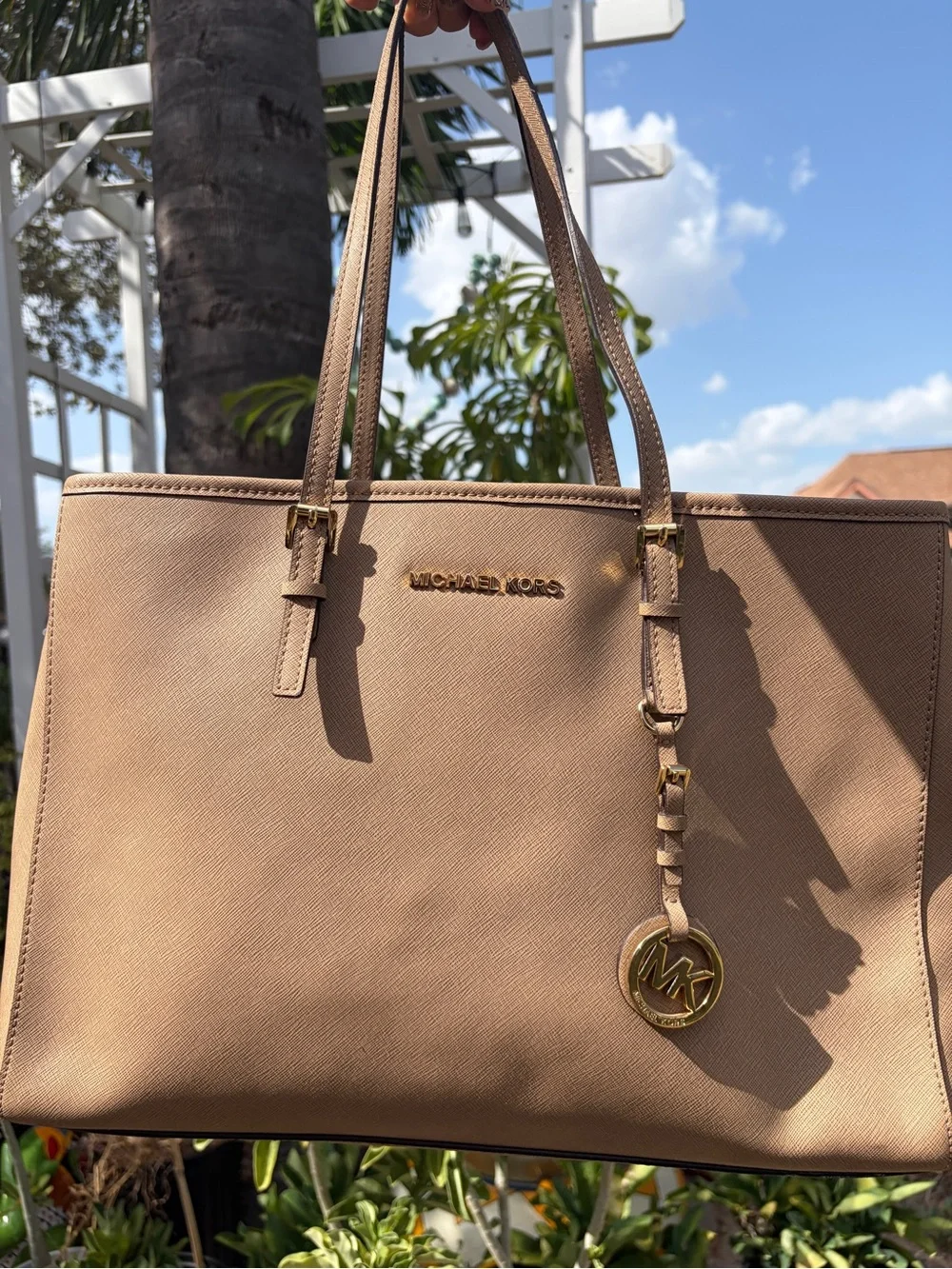 Michael Kors Beige/Tan Saffiano Leather Tote with Gold Logo Charm